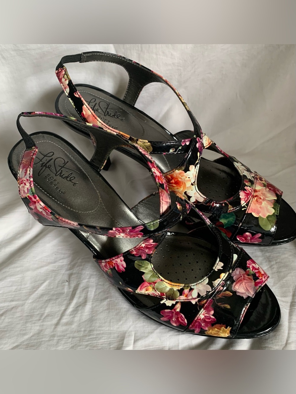 Life Stride Black Floral Patent Open-Toe Slingback Heels
